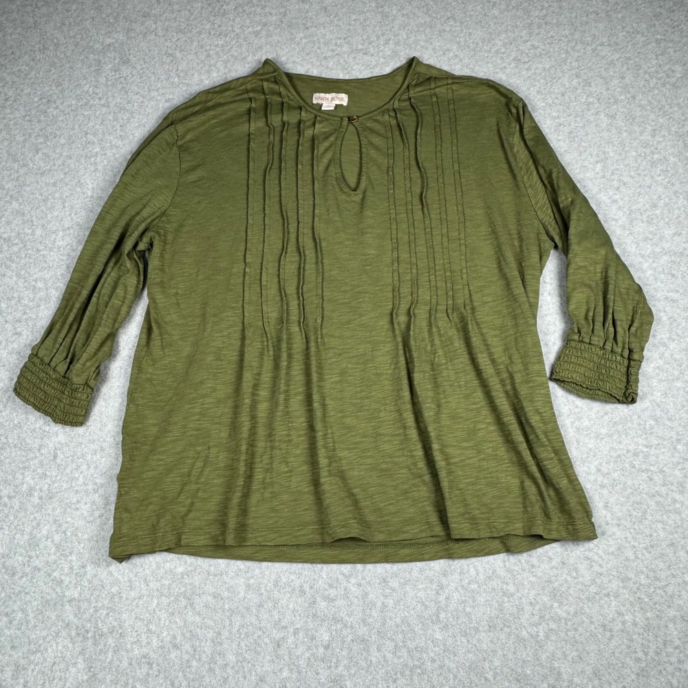 Knox Rose Olive Green Pintuck Keyhole Top Smocked Cuffs Size M